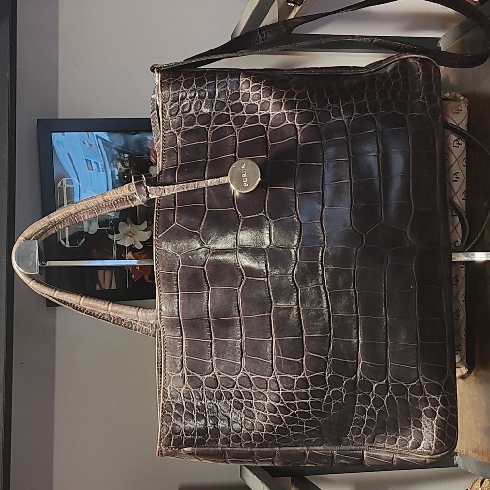 Furla | Brown Leather Croc Embossed | Crossbody & Top Handles | EUC - Picture 2 of 14